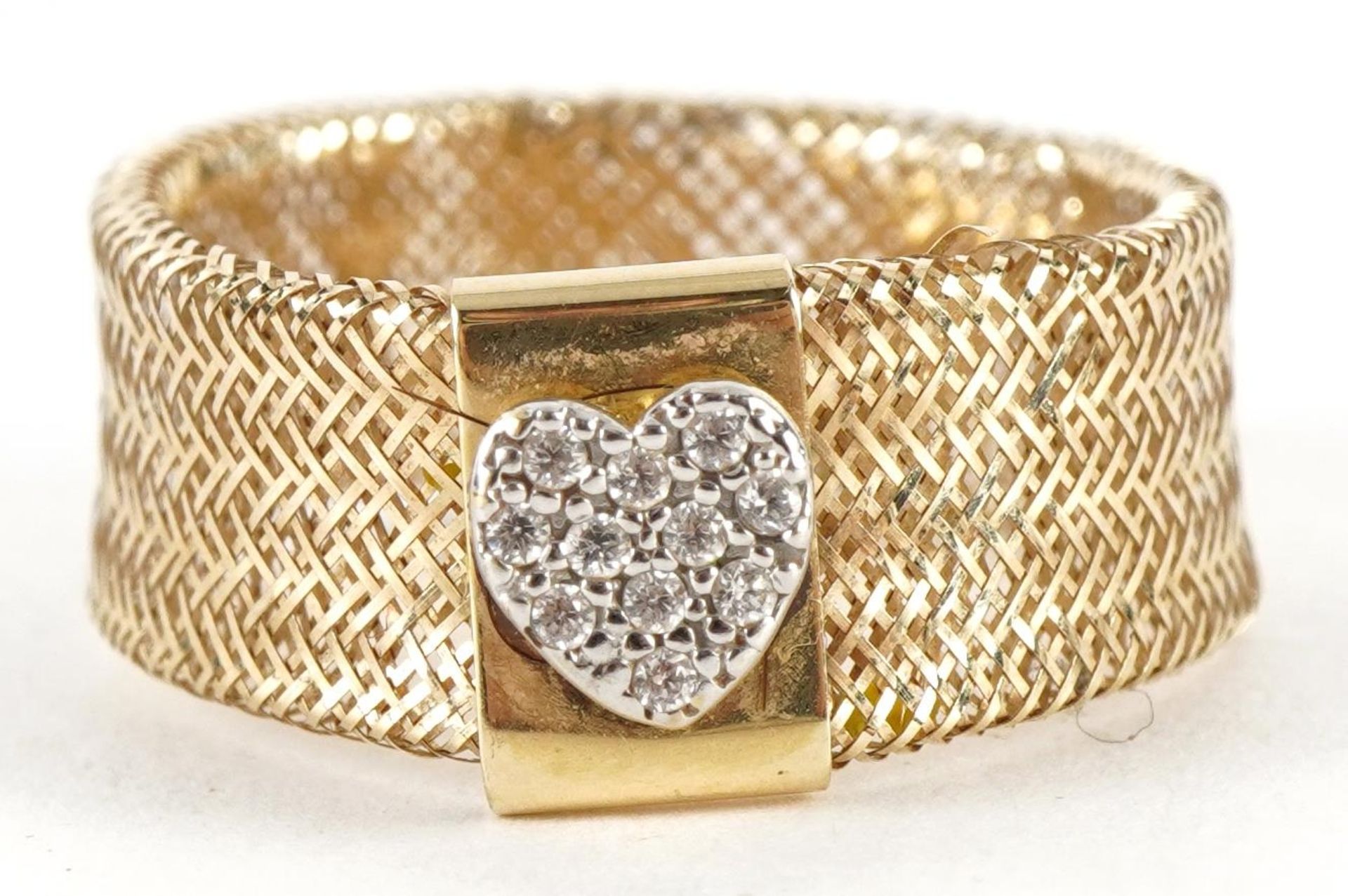 Dyadema, Italian 14ct gold mesh ring with love heart set with clear stones, size U/V, 1.4g : For