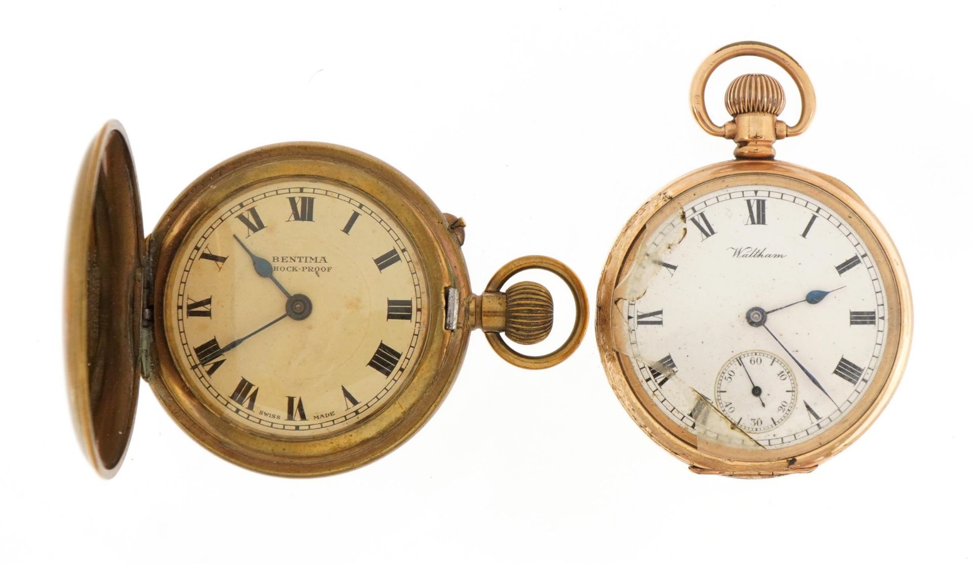 Two gentlemen's gold plated pocket watches comprising Waltham Traveller and full hunter Bentima, the