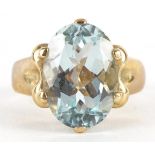 9ct gold blue stone solitaire ring, possibly aquamarine, the blue stone approximately 13.4mm x 9.