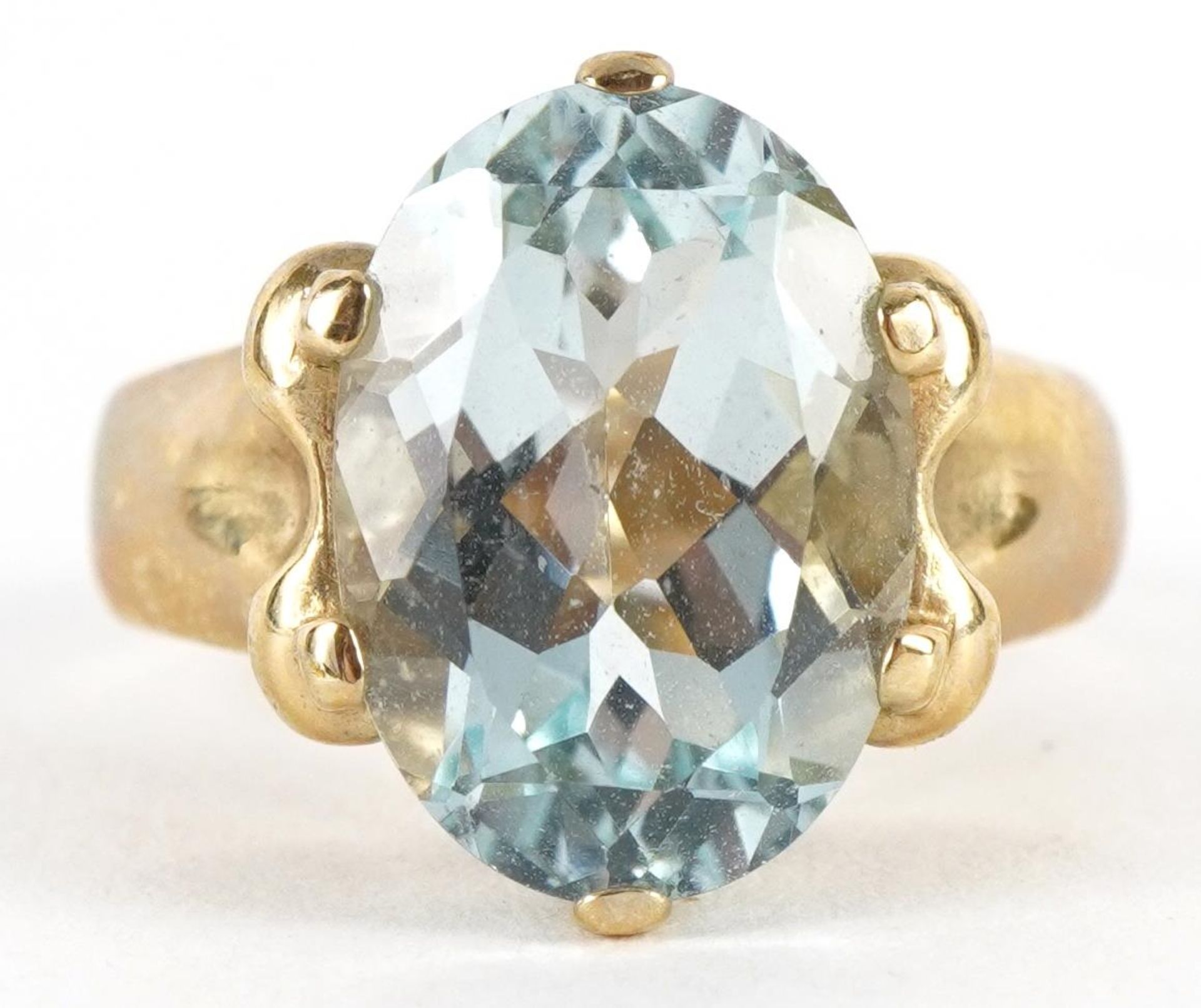 9ct gold blue stone solitaire ring, possibly aquamarine, the blue stone approximately 13.4mm x 9.