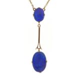 Edwardian 14ct gold opal drop pendant on a yellow metal Belcher link necklace, the pendant 5.5cm