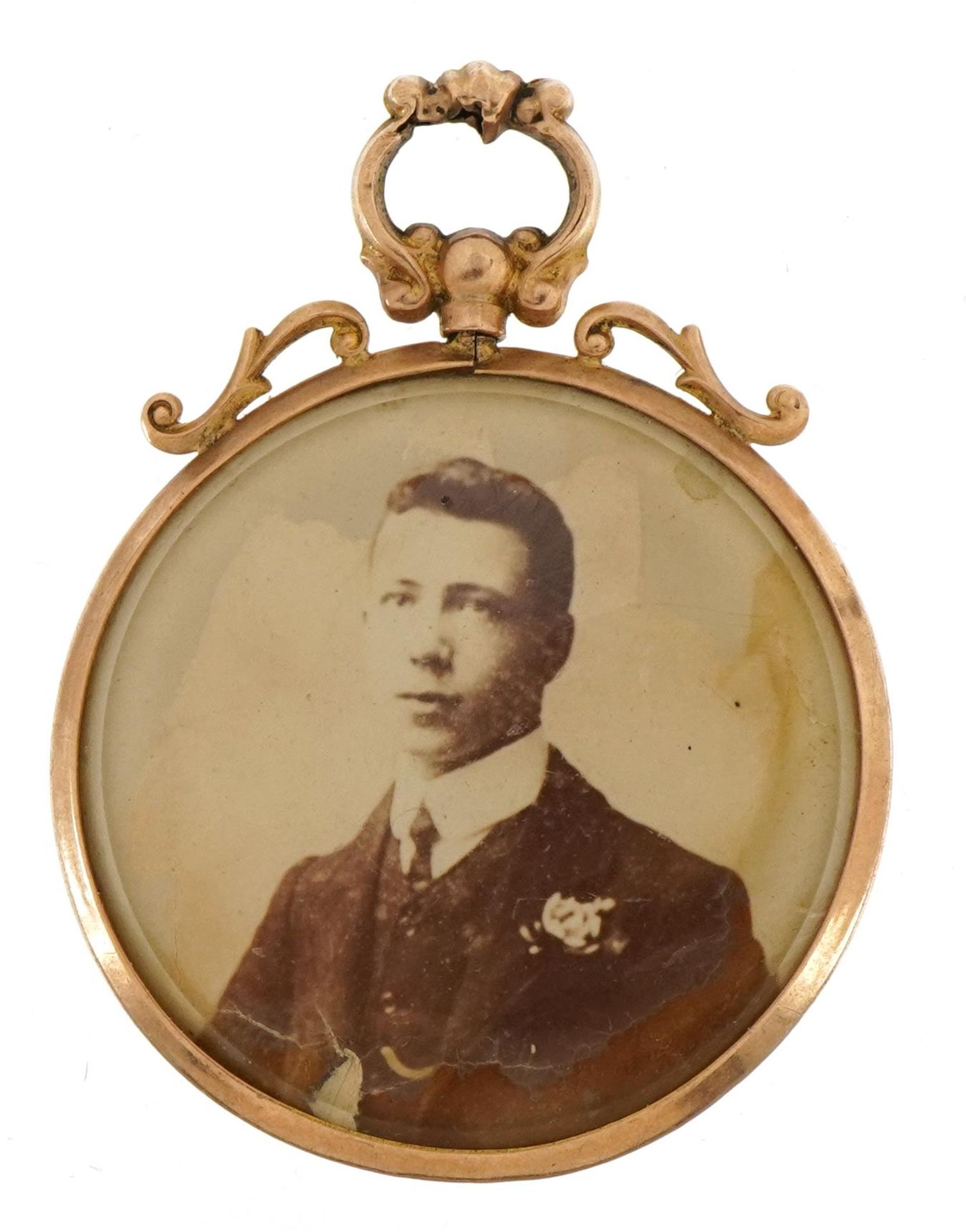 9ct rose gold double sided open locket with photograph of gentleman wearing naval dress, 4.5cm high, - Image 2 of 3