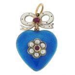 Unmarked gold and enamel bow love heart pendant set with rubies and pearls, 3.8cm high, 8.3g : For