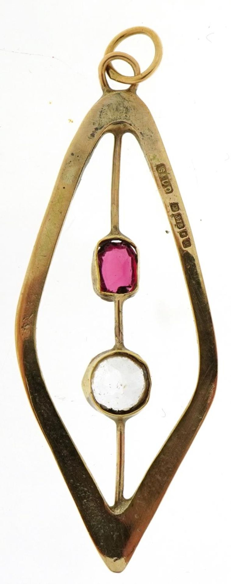 9ct gold Modernist ruby and clear stone pendant, tests as sapphire, 4.3cm high, 2.7g : For further - Bild 2 aus 3