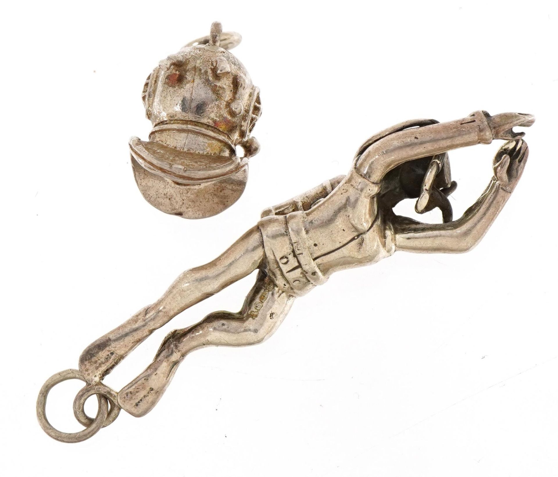 Two silver diving interest charms comprising diver and helmet, one marked 835, 4.5cm high, total - Image 2 of 2