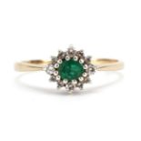 9ct gold emerald and diamond cluster ring, the emerald approximately 4.8mm x 4.0mm, size S, 2.4g :