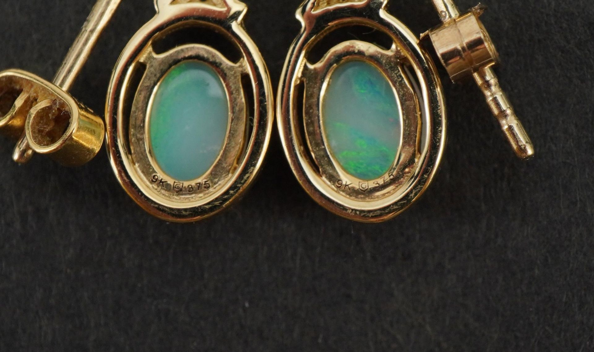 Pair of 9ct gold opal and clear stone drop earrings, the clear stones test as sapphire, 1.8cm - Image 3 of 3