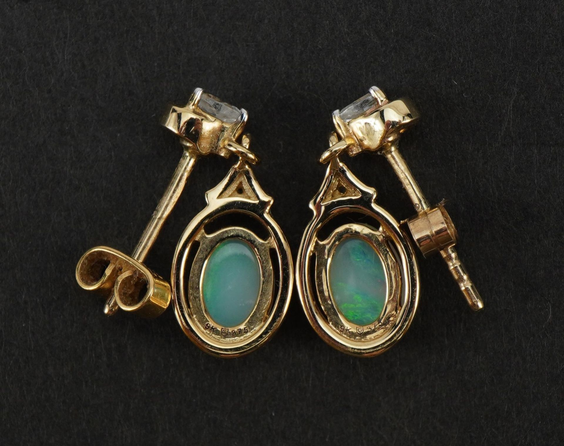 Pair of 9ct gold opal and clear stone drop earrings, the clear stones test as sapphire, 1.8cm - Image 2 of 3