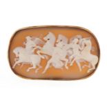 Victorian unmarked gold mounted cameo brooch carved with horses and angels, tests as 15ct gold, 6.