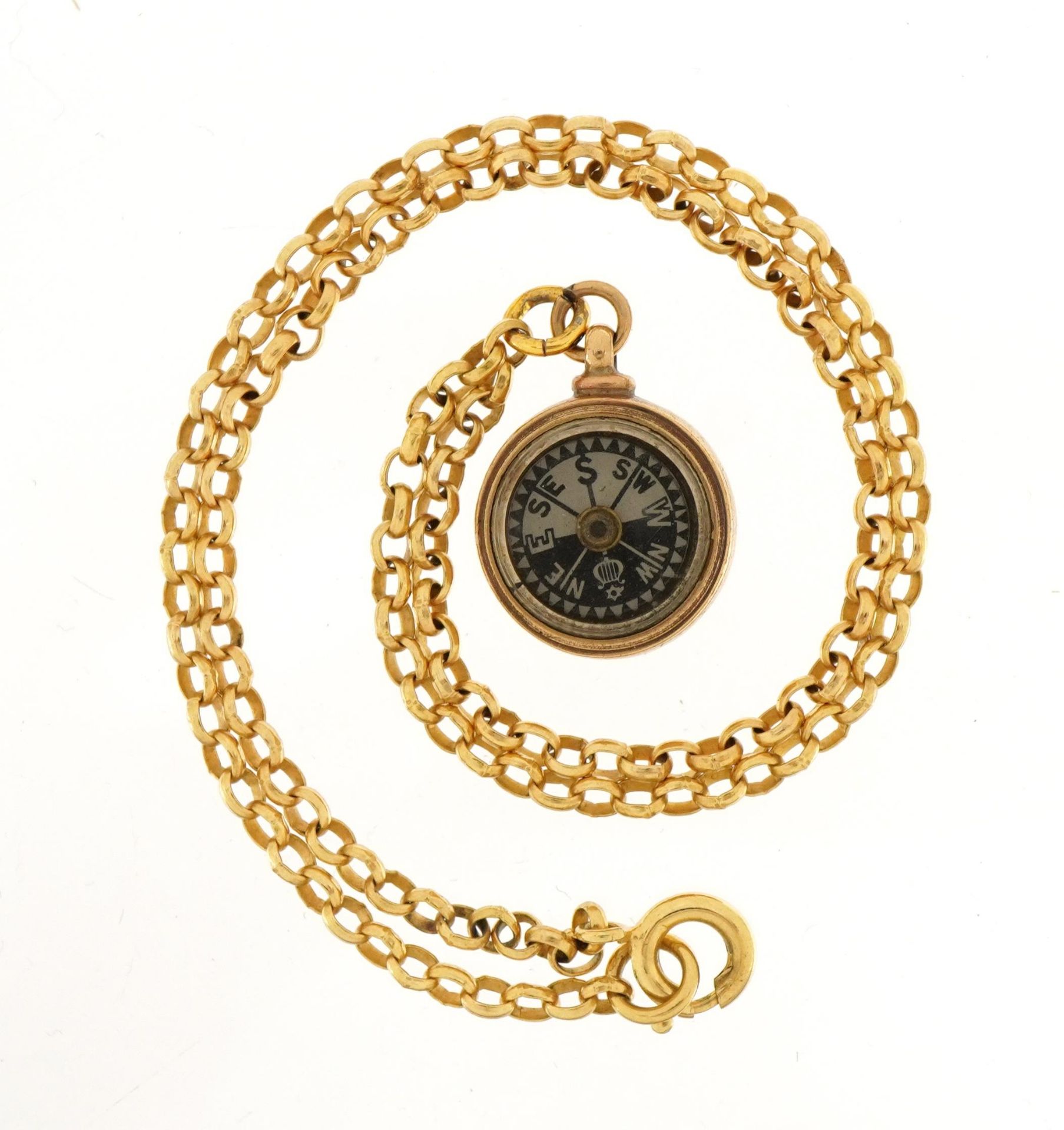 Unmarked gold compass pendant on a yellow metal Belcher link necklace, 2cm high and 37cm in - Bild 2 aus 3