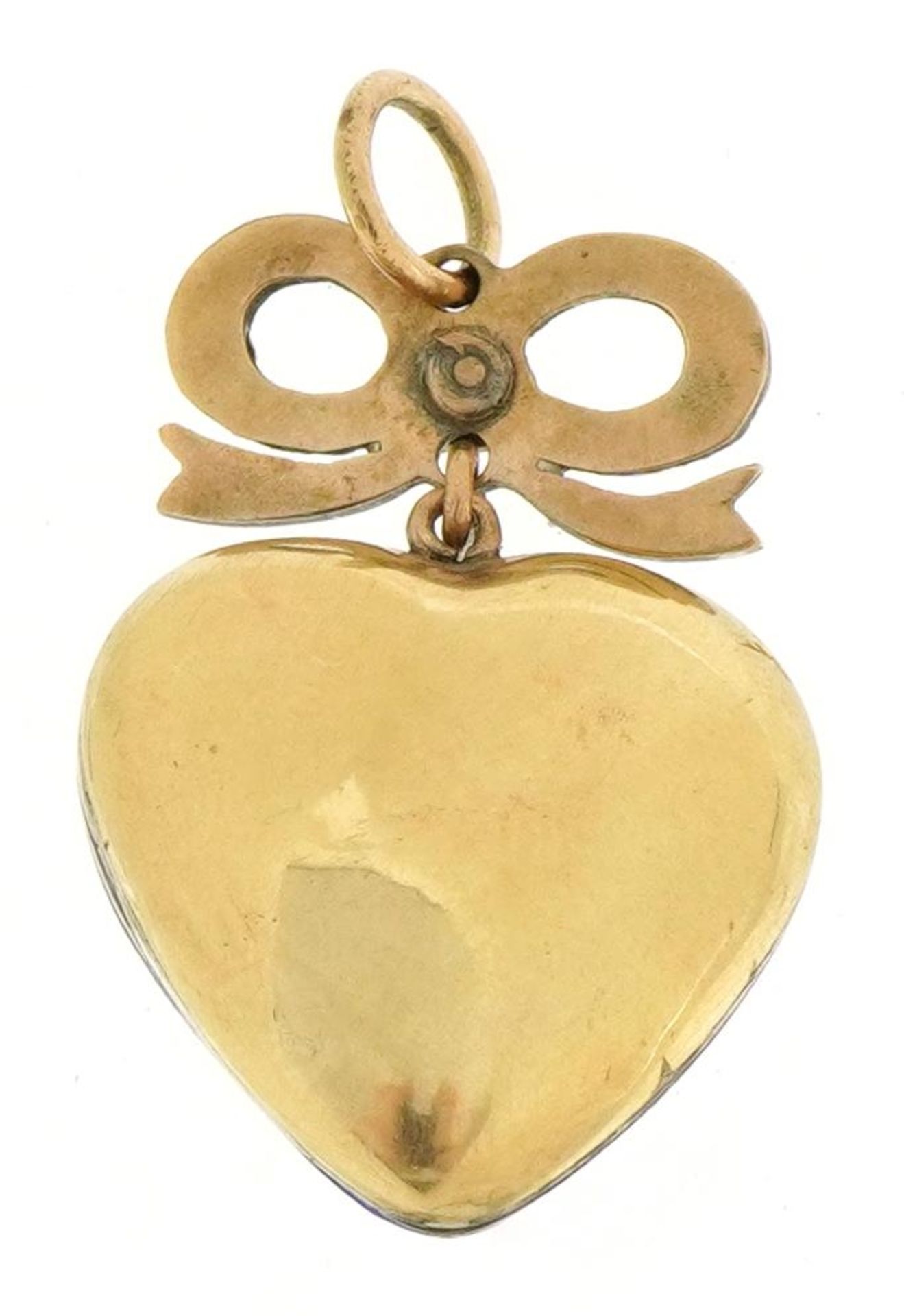 Unmarked gold and enamel bow love heart pendant set with rubies and pearls, 3.8cm high, 8.3g : For - Bild 2 aus 2