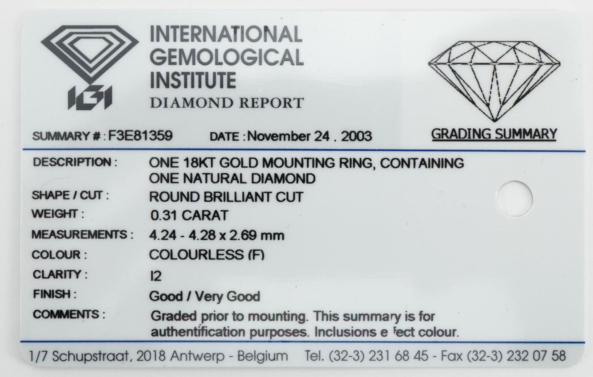 18ct white gold diamond solitaire ring with International Gemological Institute report, the - Bild 7 aus 8