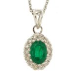 18ct white gold emerald and diamond cluster pendant on silver Belcher link necklace, total emerald