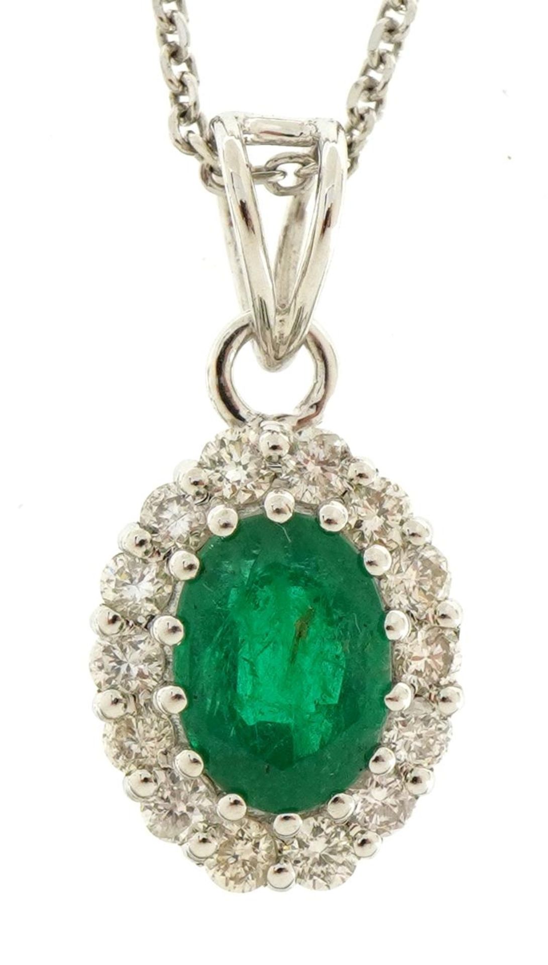 18ct white gold emerald and diamond cluster pendant on silver Belcher link necklace, total emerald