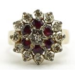 9ct gold ruby and diamond three tier cluster ring, size K, 5.0g : For further information on this