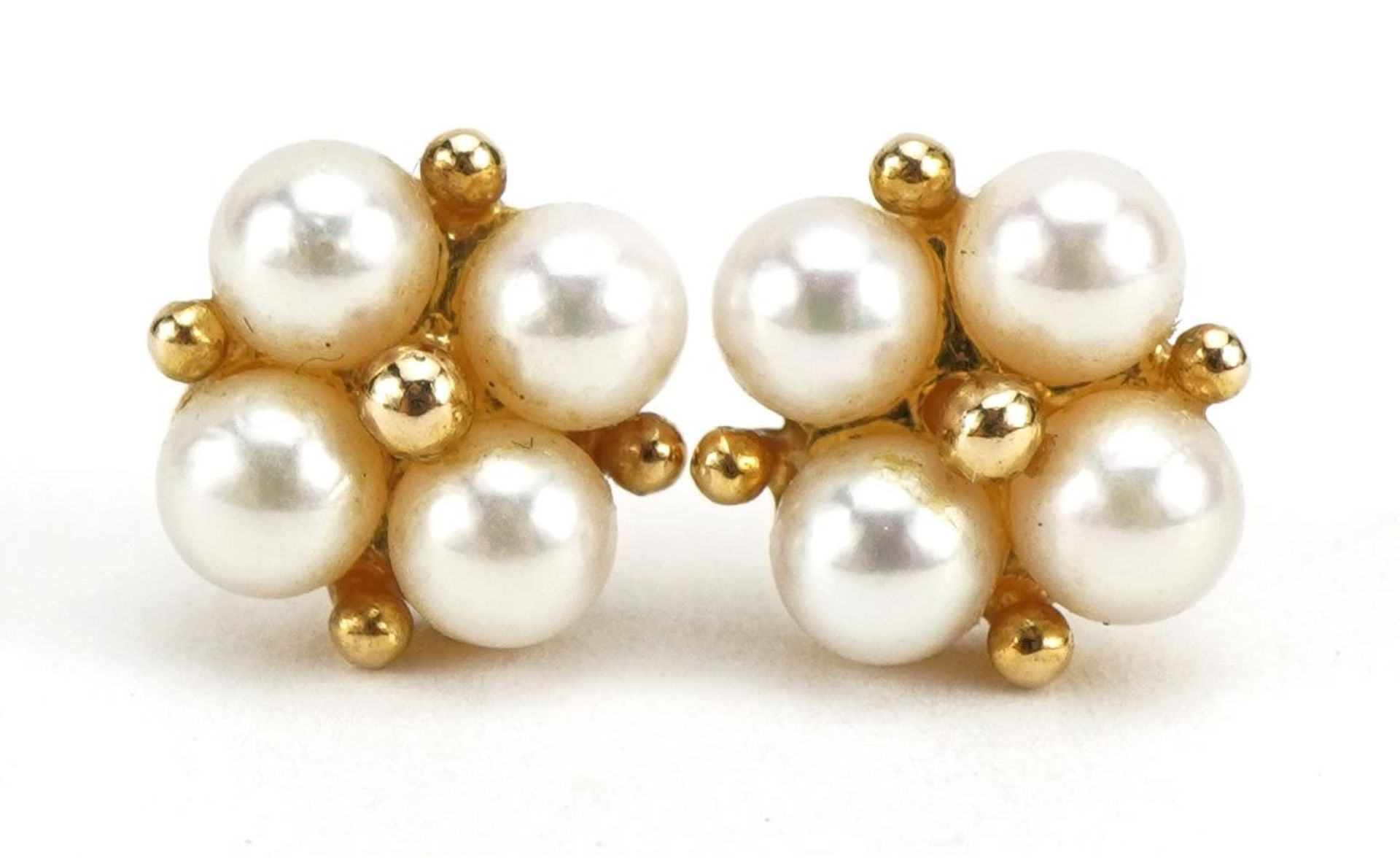 Pair of 9ct gold cultured pearl cluster stud earrings, 1.0cm high, 2.4g : For further information on