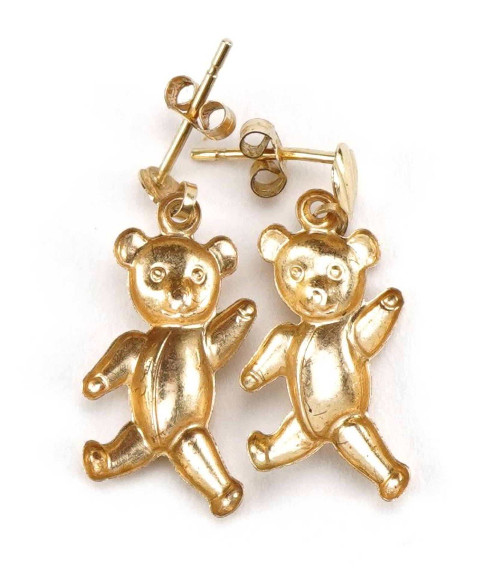 Pair of unmarked gold teddy bear drop earrings, the backs marked 9ct, 2.1cm high, 0.4g : For further - Image 3 of 4