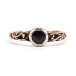 Antique unmarked rose gold garnet solitaire ring with pierced scroll shoulders, size O, 2.3g : For