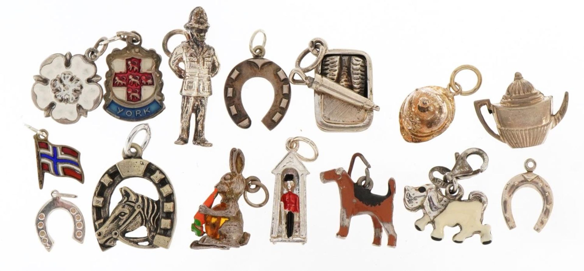 Fifteen silver charms, some enamelled, including Royal Guard in Sentry box, sardine can, dogs and - Image 2 of 7