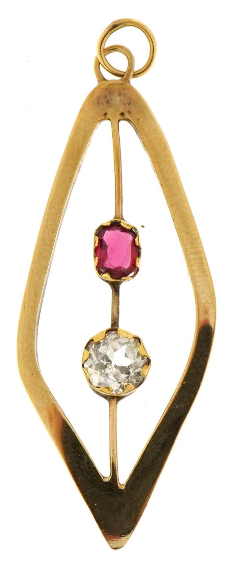 9ct gold Modernist ruby and clear stone pendant, tests as sapphire, 4.3cm high, 2.7g : For further