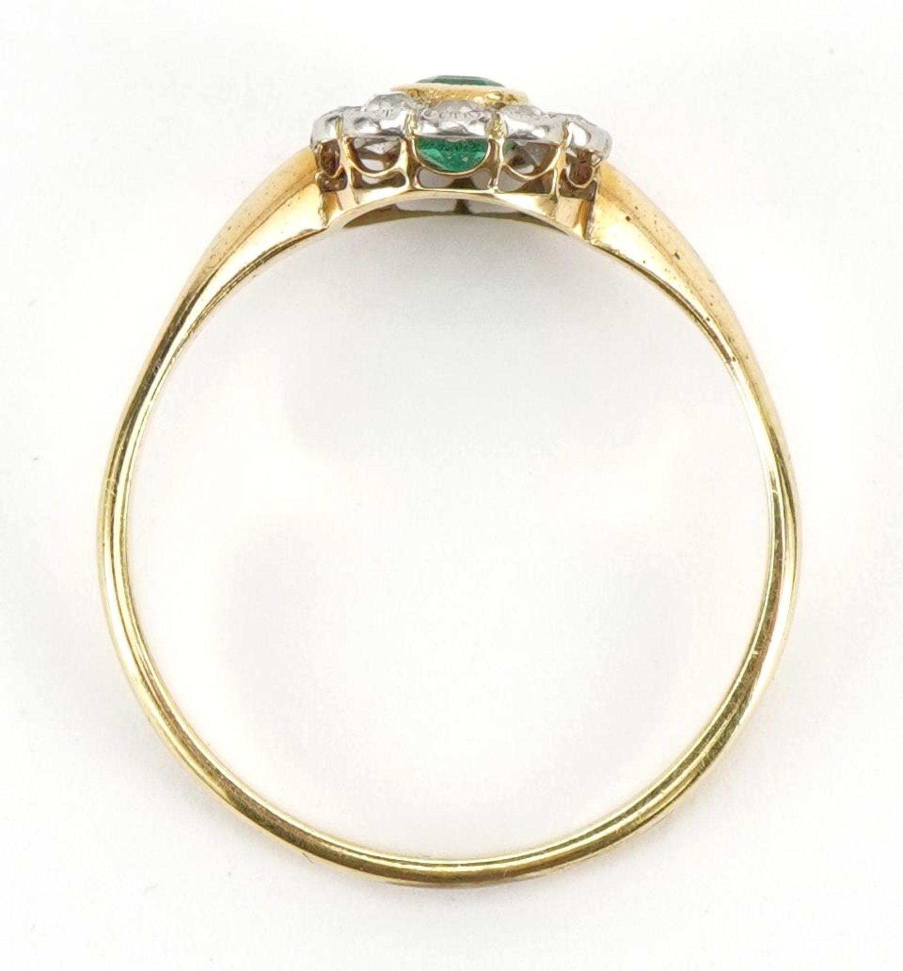 18ct gold emerald and diamond cluster ring, the emerald approximately 4.0mm x 3.2mm, size S, 2. - Bild 3 aus 4