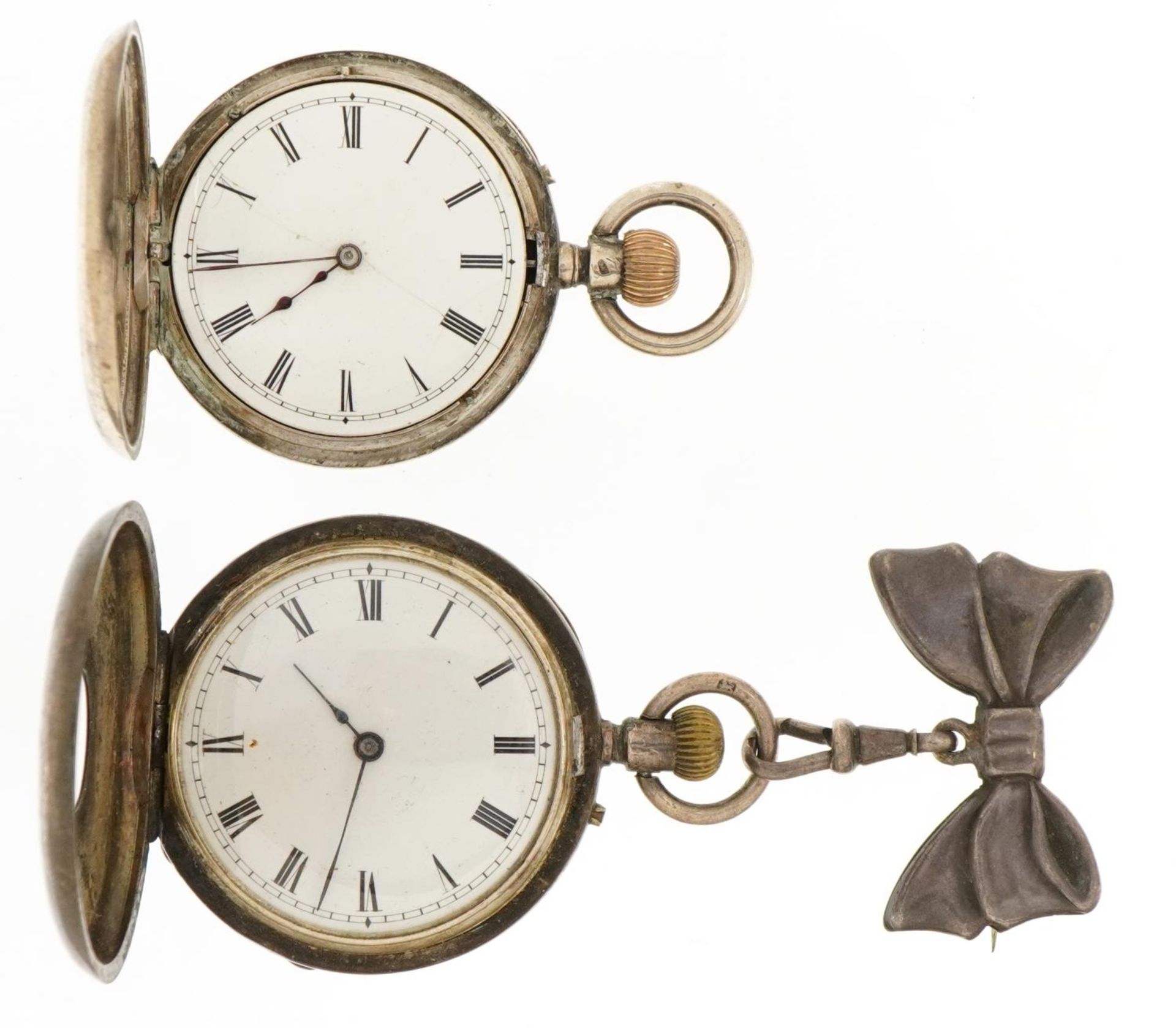 Two Victorian and later ladies silver half hunter pocket watches, one by J W Benson and one with bow - Image 2 of 6