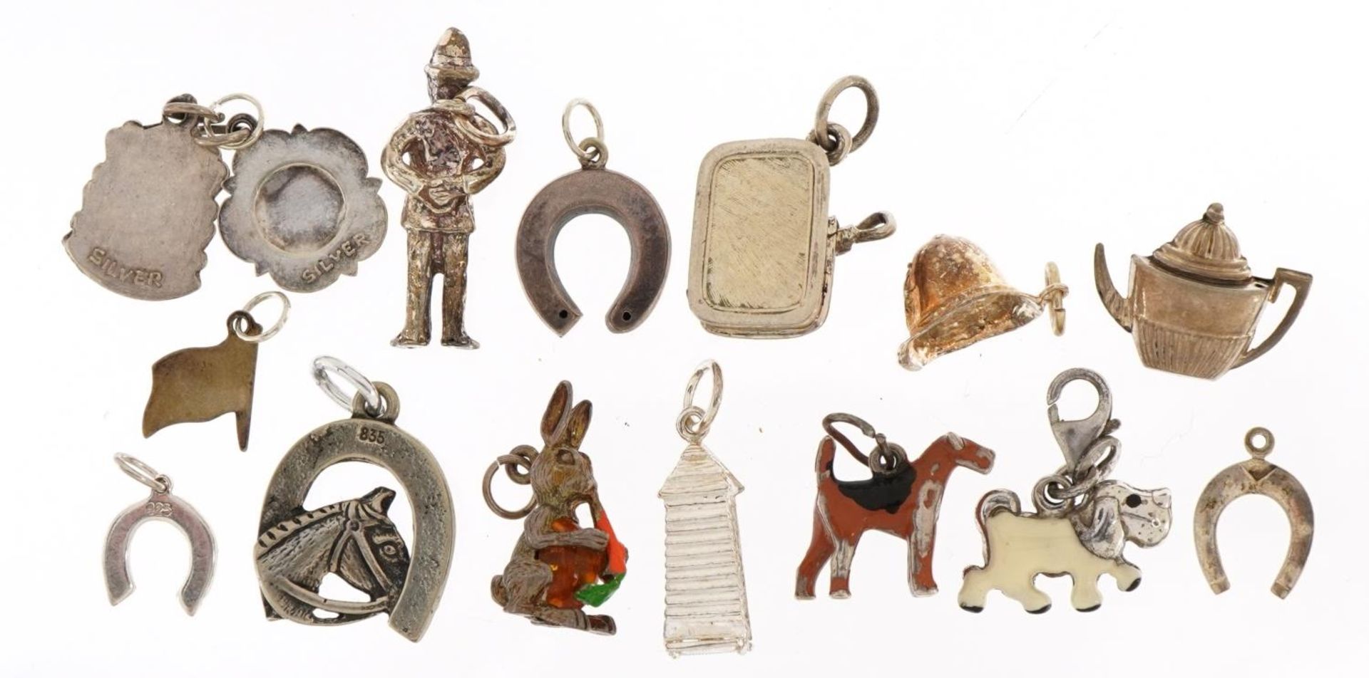 Fifteen silver charms, some enamelled, including Royal Guard in Sentry box, sardine can, dogs and - Image 5 of 7