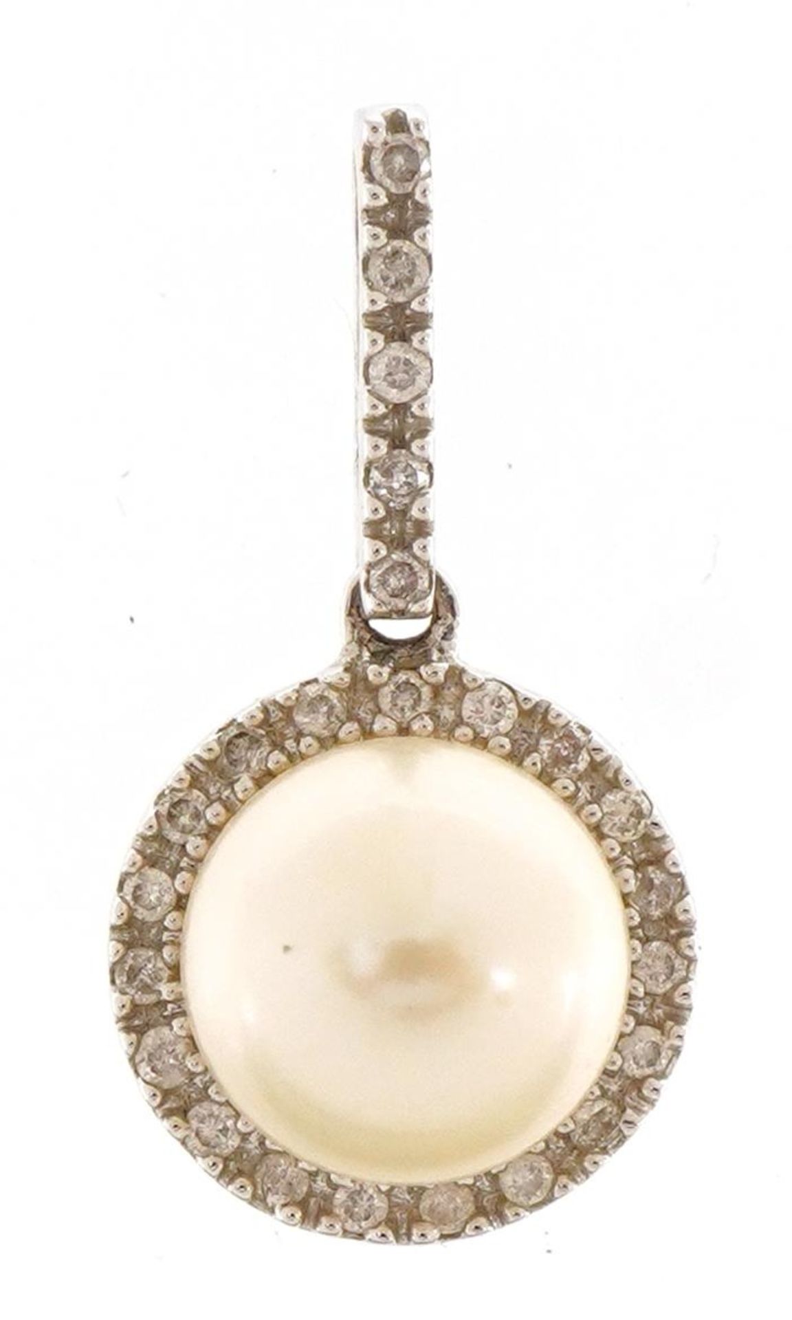 18ct white gold cultured pearl and diamond halo pendant, 2.1cm high, 2.0g : For further