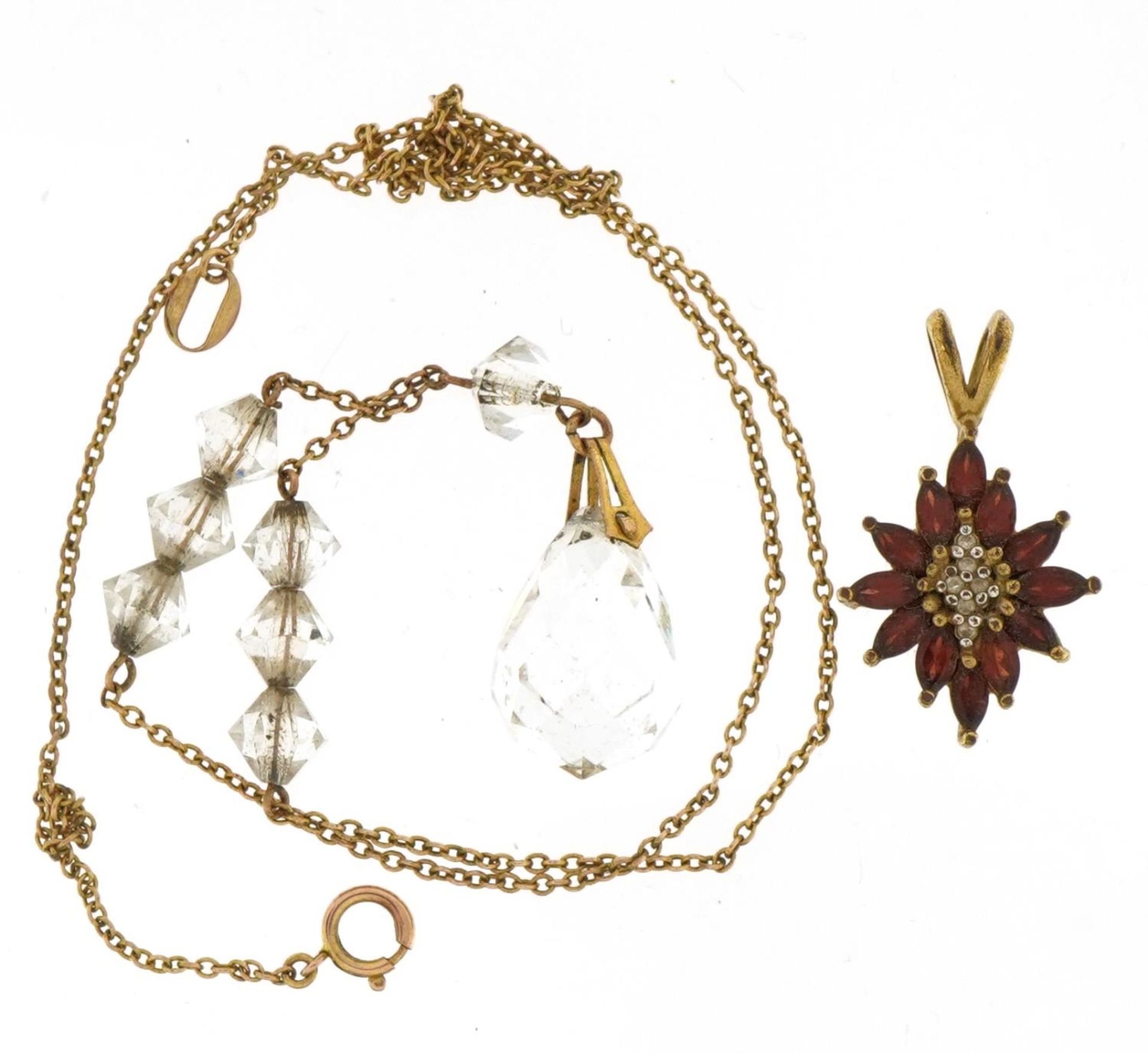 9ct gold crystal necklace and a yellow metal garnet and clear stone pendant, total weight 6.0g : For - Bild 2 aus 4