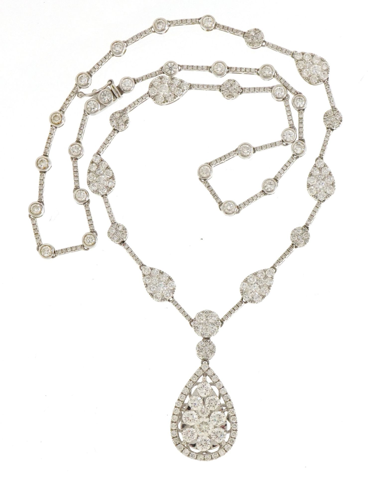 18ct white gold graduating Riviere diamond collar necklace with teardrop cluster set with three - Image 4 of 17