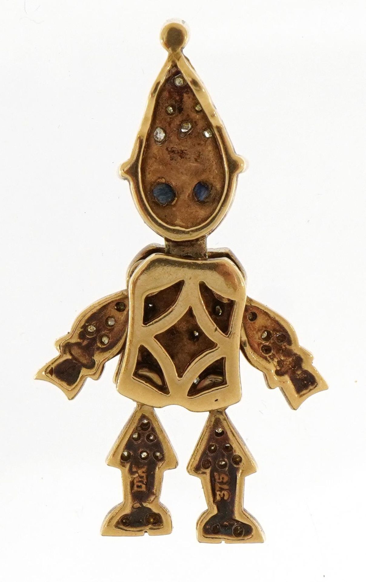 9ct gold diamond clown pendant with sapphire set eyes and articulated limbs, 3.6cm high, 4.9g : - Bild 2 aus 3