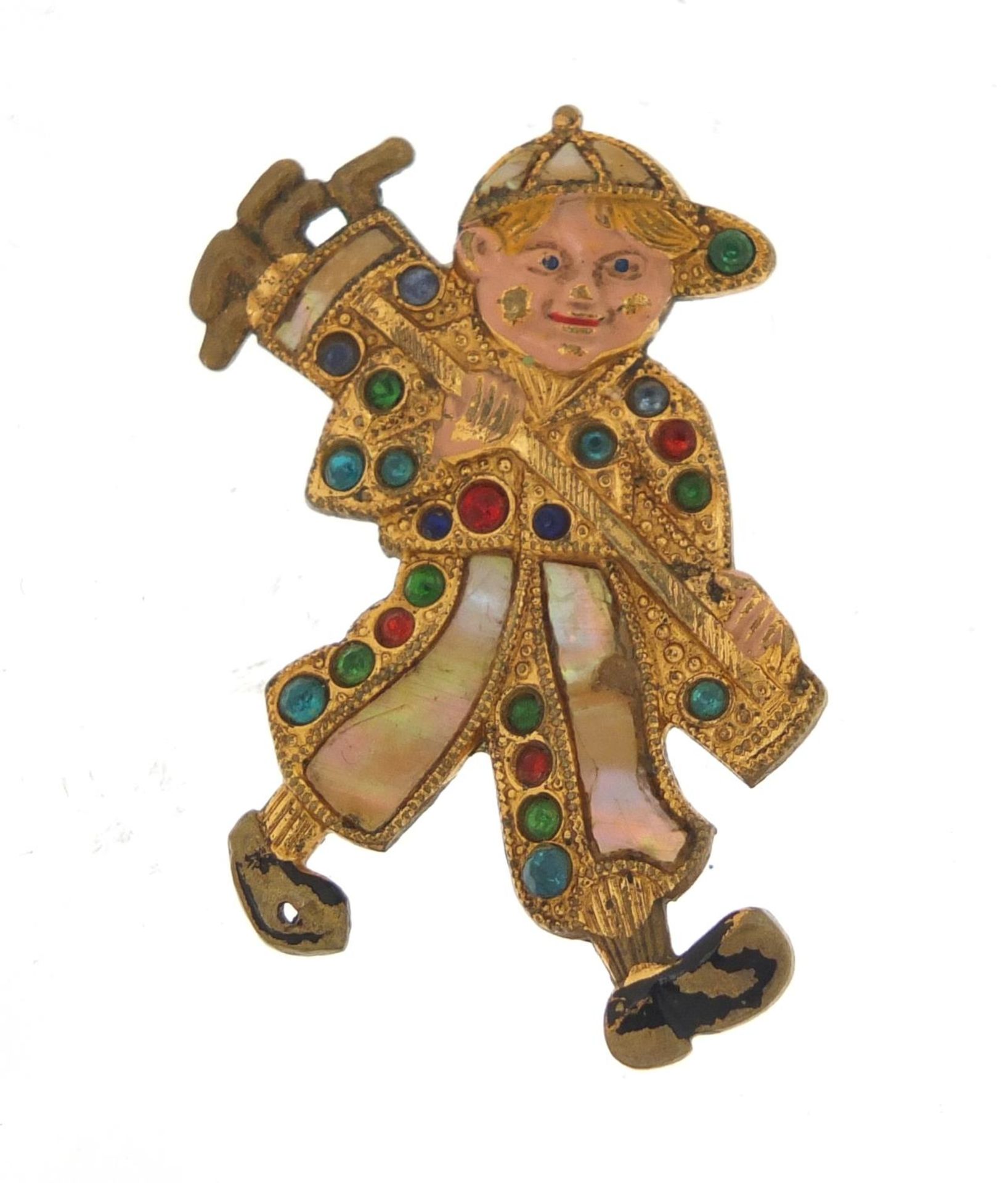 Vintage brooch in the form of a Pearly boy with golf clubs, 4cm in length : For further