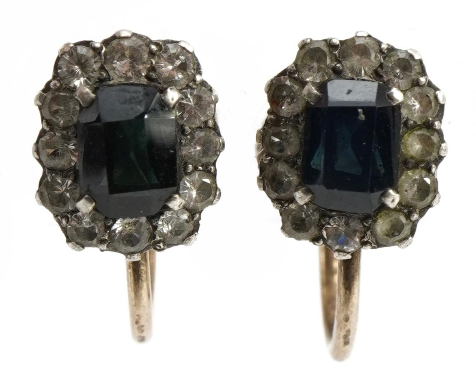 Pair of unmarked gold sapphire and clear stone cluster earrings with screw backs, 1.4cm high, 2.5g :