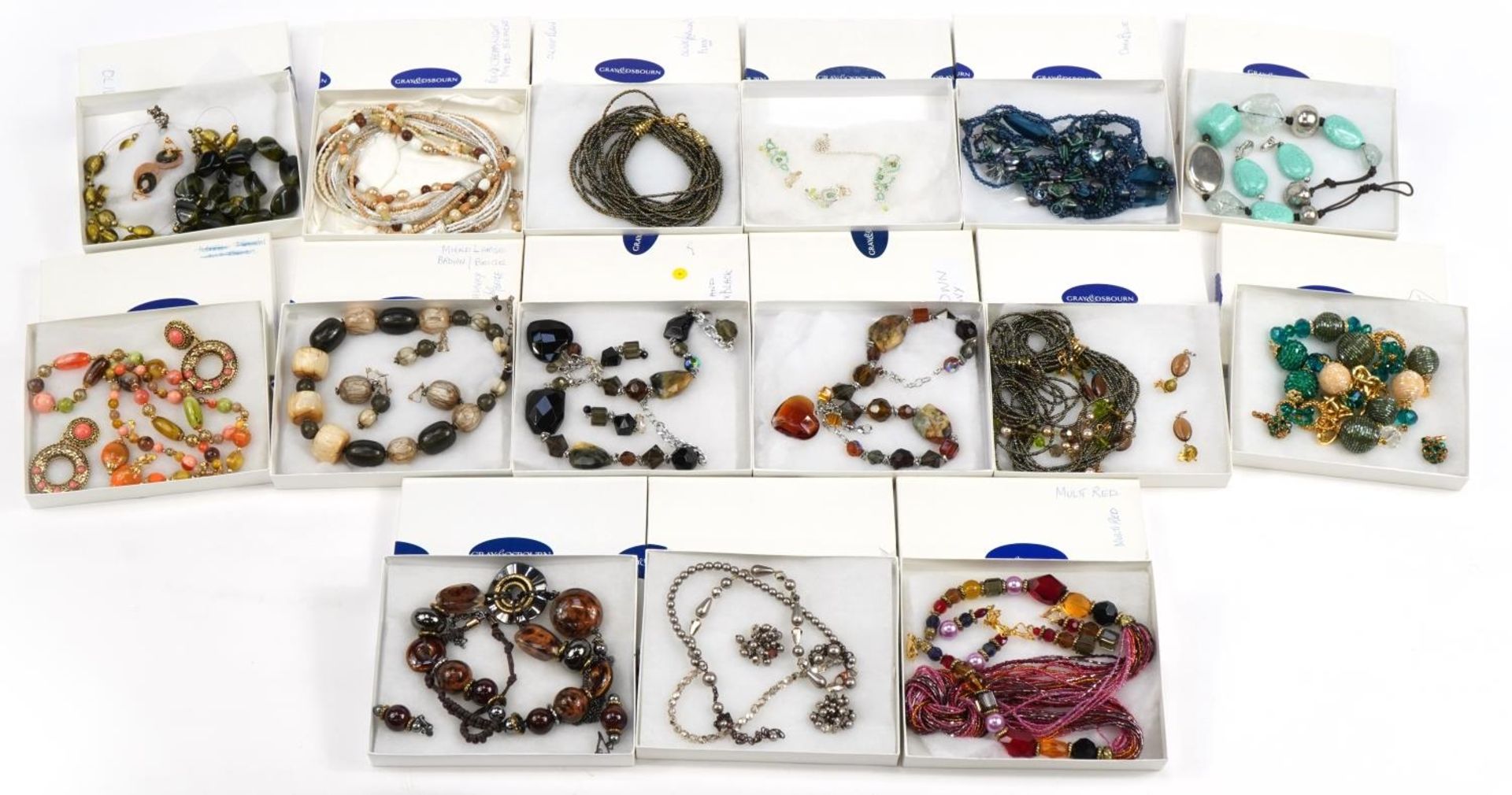 Collection of mostly glass necklaces, bracelets and earrings : For further information on this lot