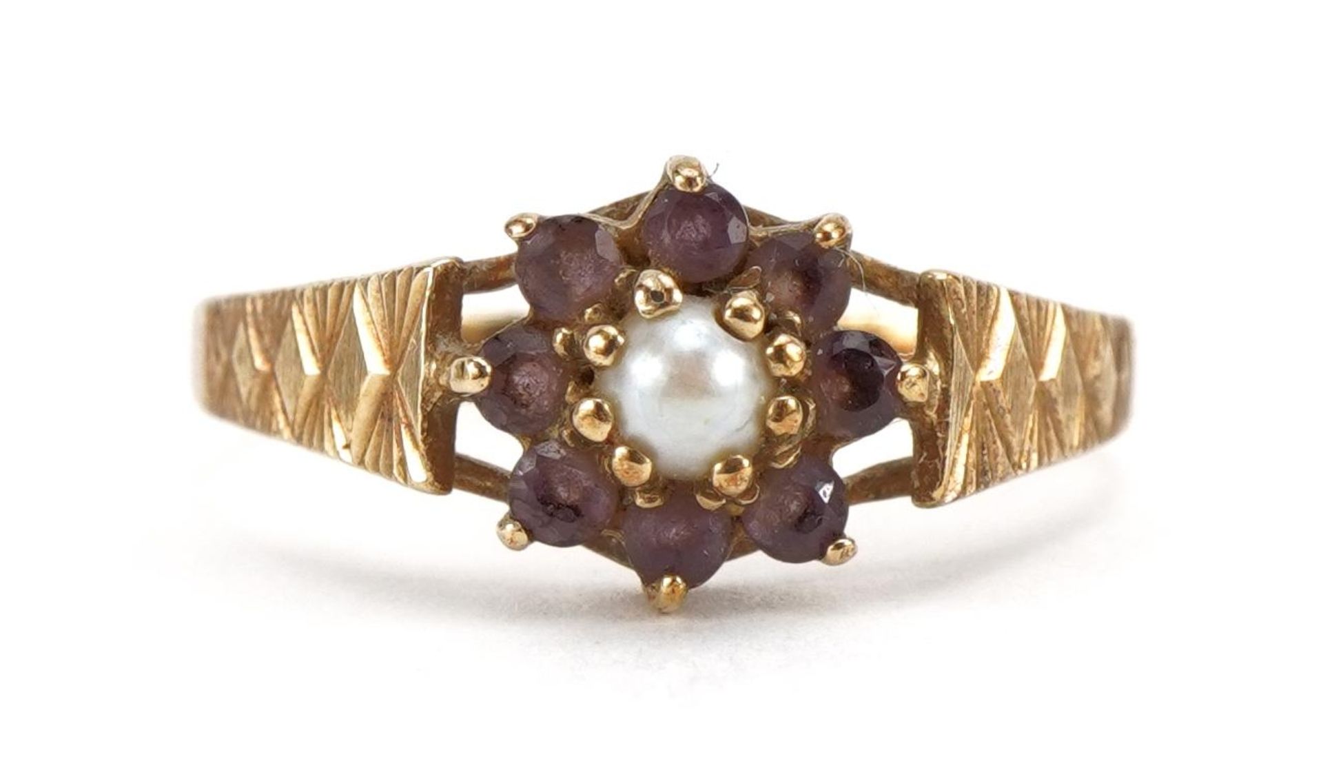 9ct gold amethyst and pearl flower head ring with engraved shoulders, size N, 1.6g : For further