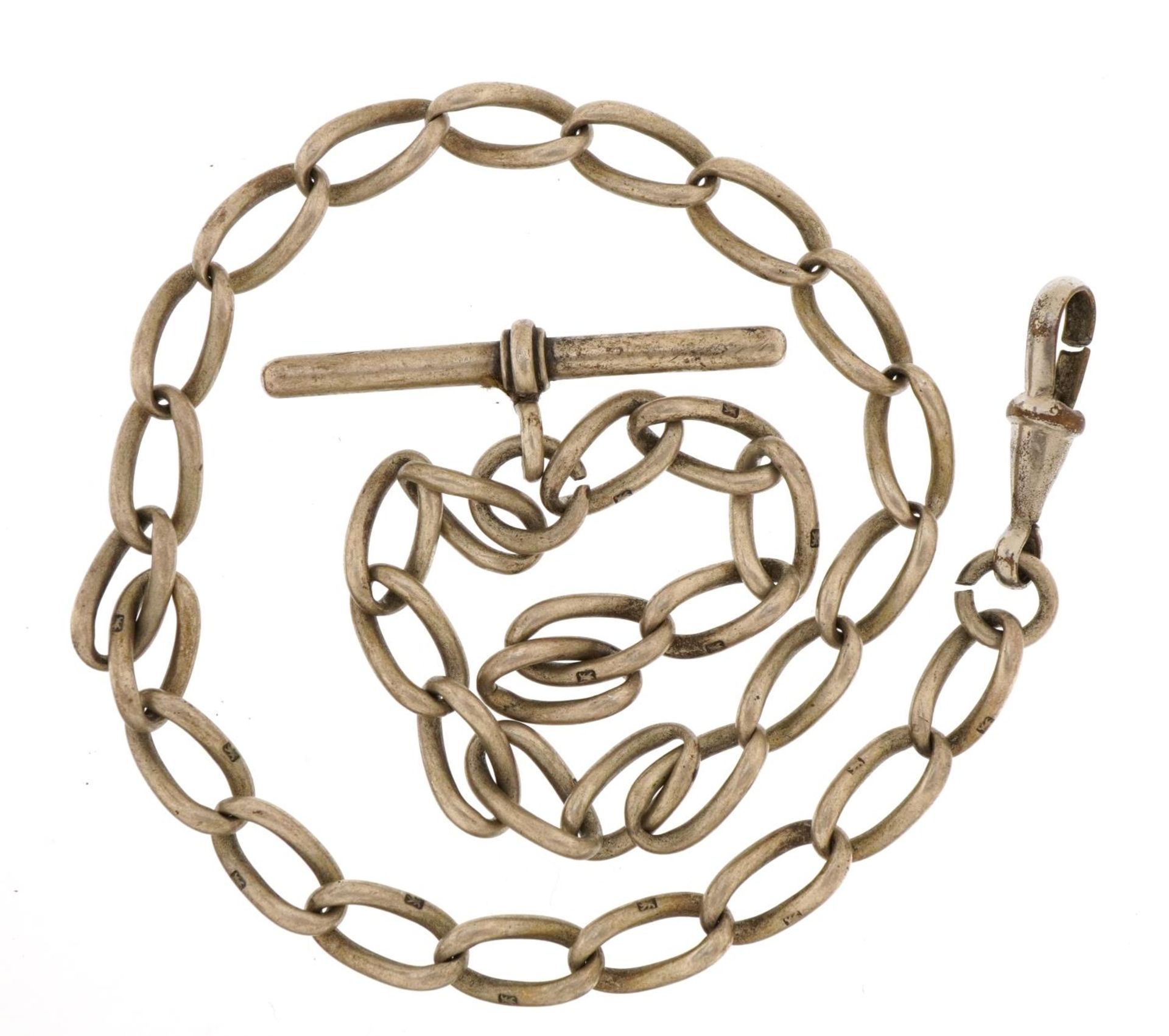 Gentlemen's silver watch chain with T bar and jewellery clasp, 39cm in length, 32g : For further - Image 2 of 2