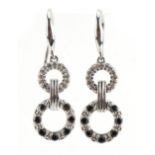 Pair of 18ct white gold sapphire and diamond hoop design drop earrings, 2.6cm high, 3.4g : For