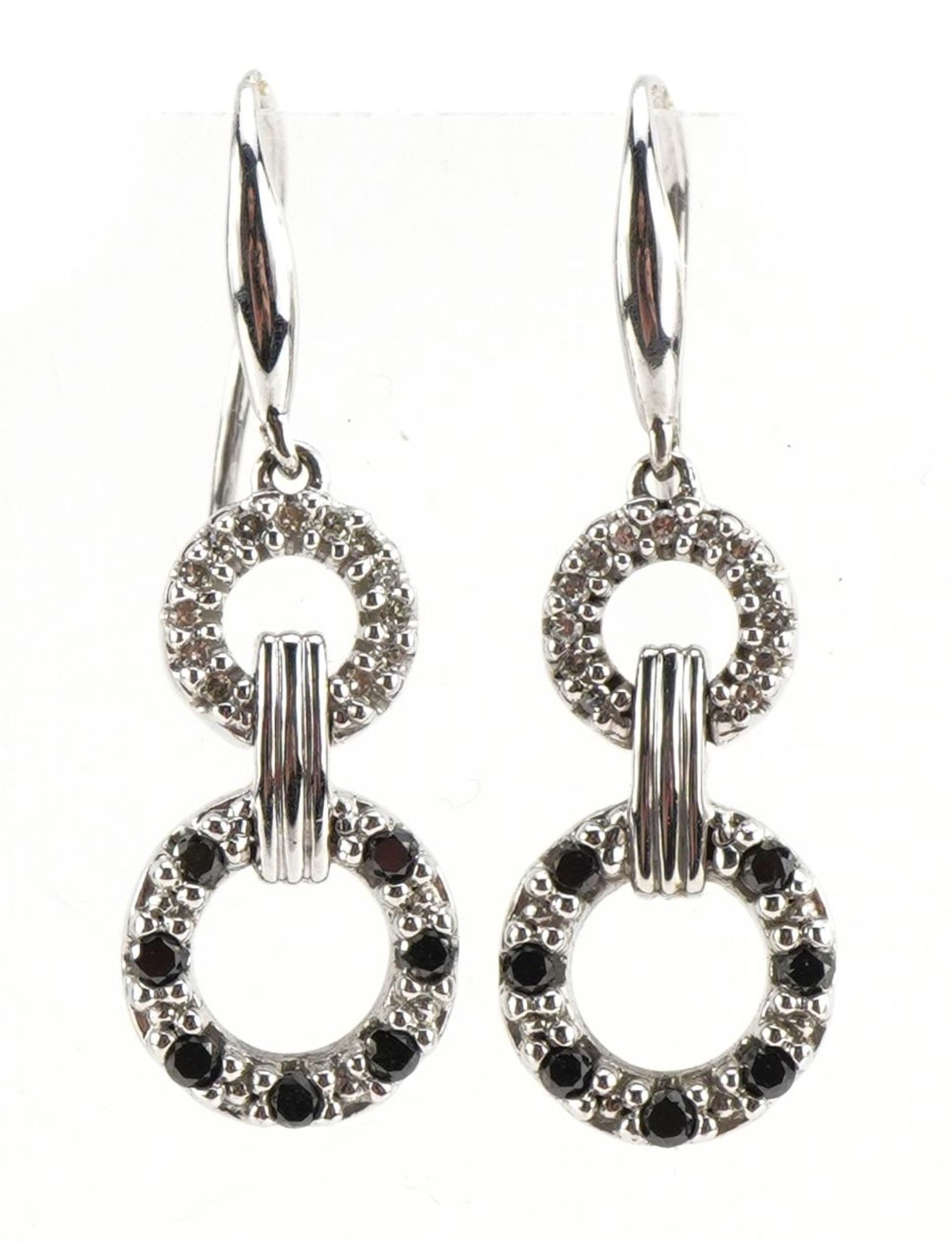 Pair of 18ct white gold sapphire and diamond hoop design drop earrings, 2.6cm high, 3.4g : For