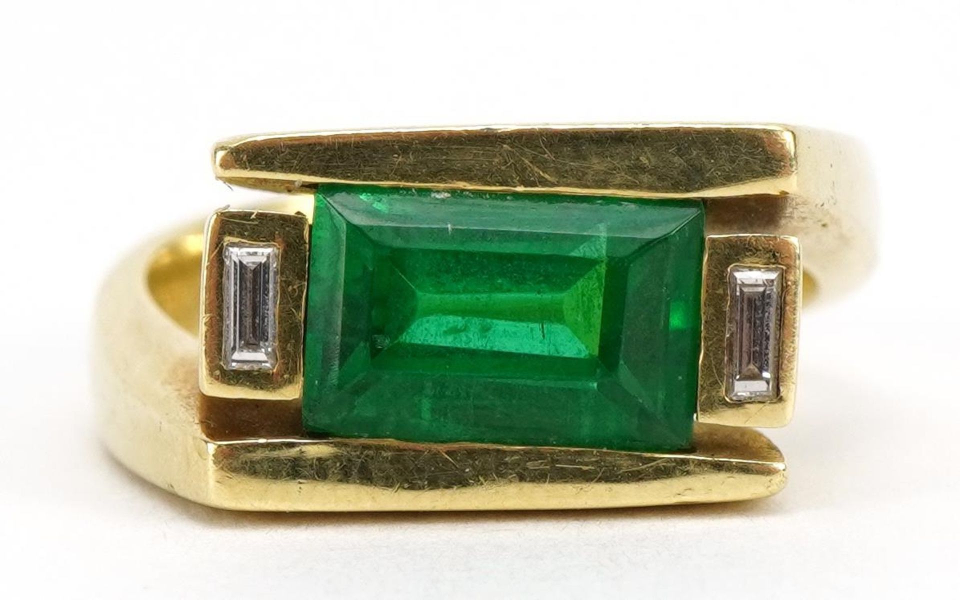 Art Deco style 18ct gold green stone and diamond crossover ring, size M/N, 10.8g : For further