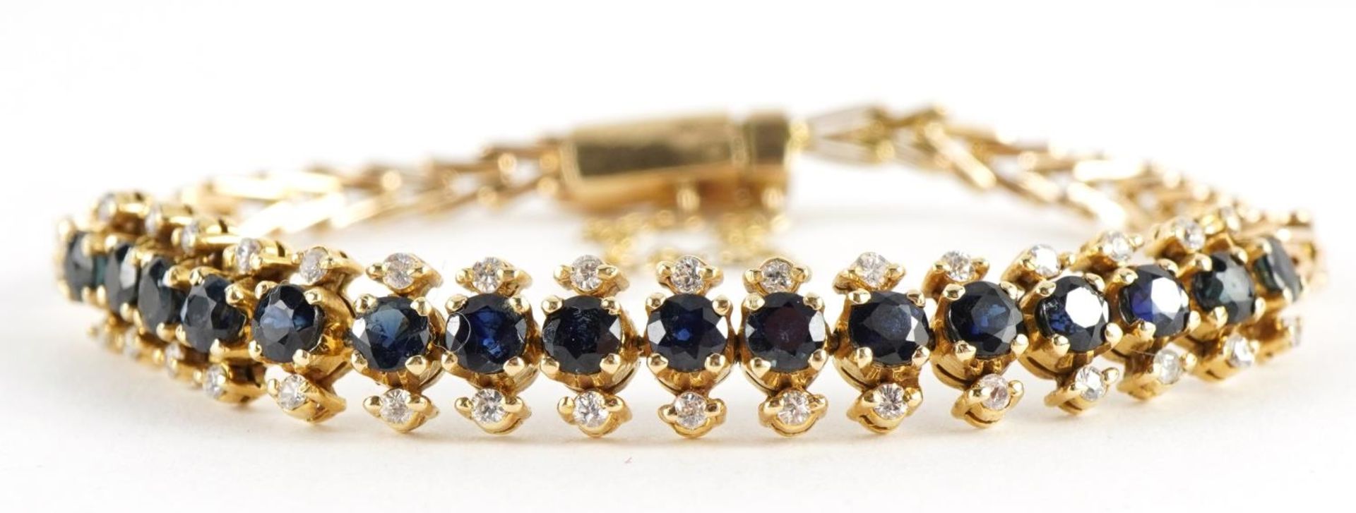 9ct gold sapphire and clear stone three row bracelet with safety chain, 11.2g : For further - Bild 2 aus 3