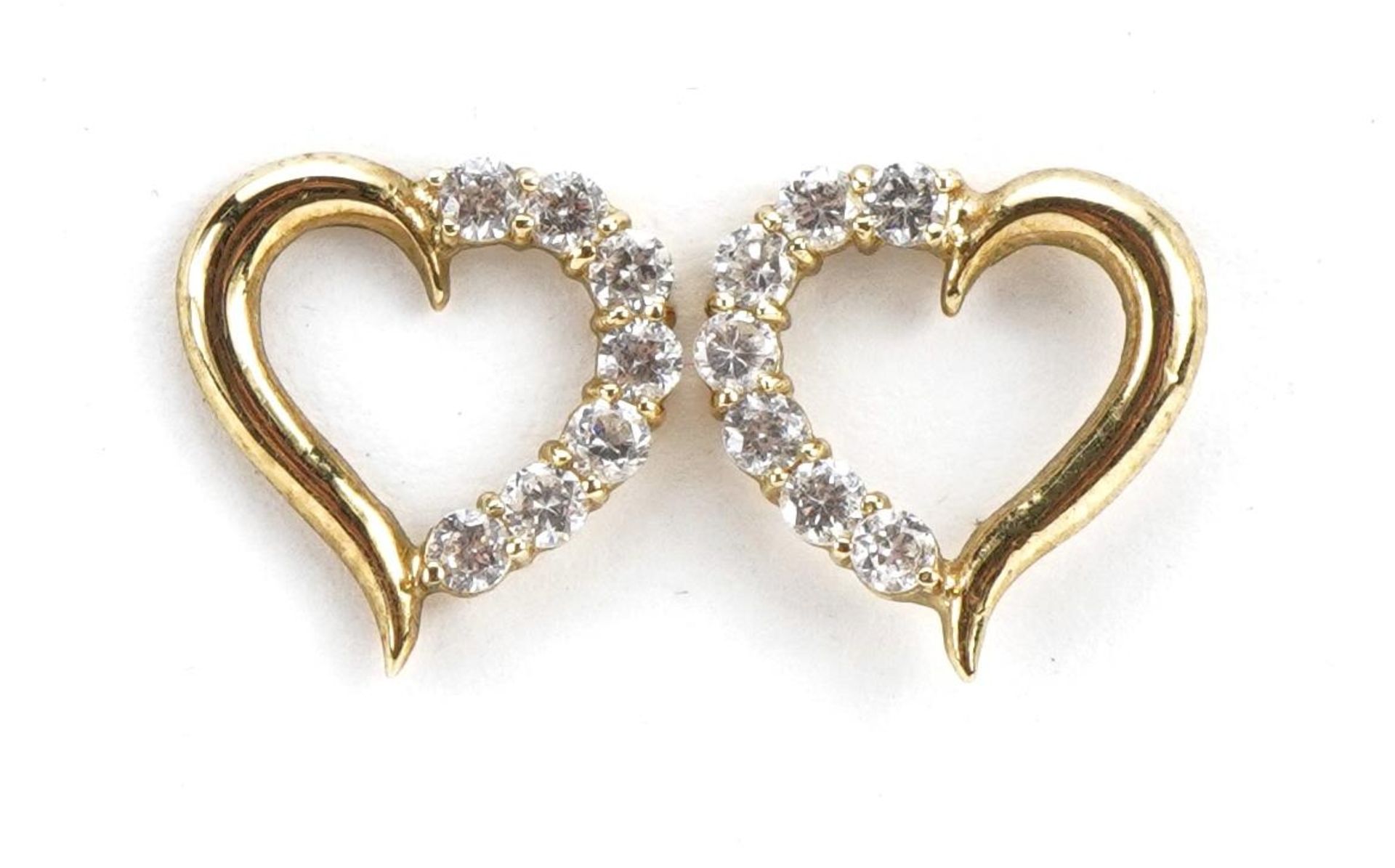 Pair 9ct gold clear stone love heart stud earrings, 1.2cm high, 0.9g : For further information on
