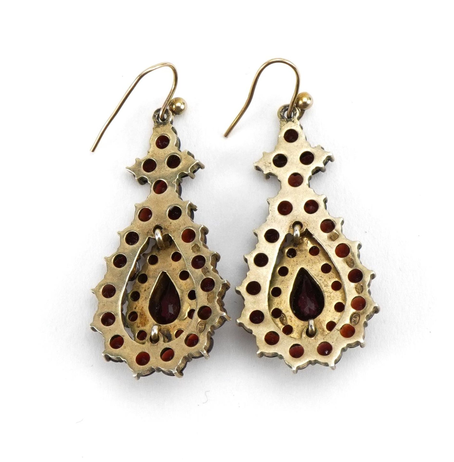 Pair of 9ct gold and silver gilt Bohemian garnet tear drop cluster drop earrings, 4.1cm high, 7.6g : - Image 3 of 4