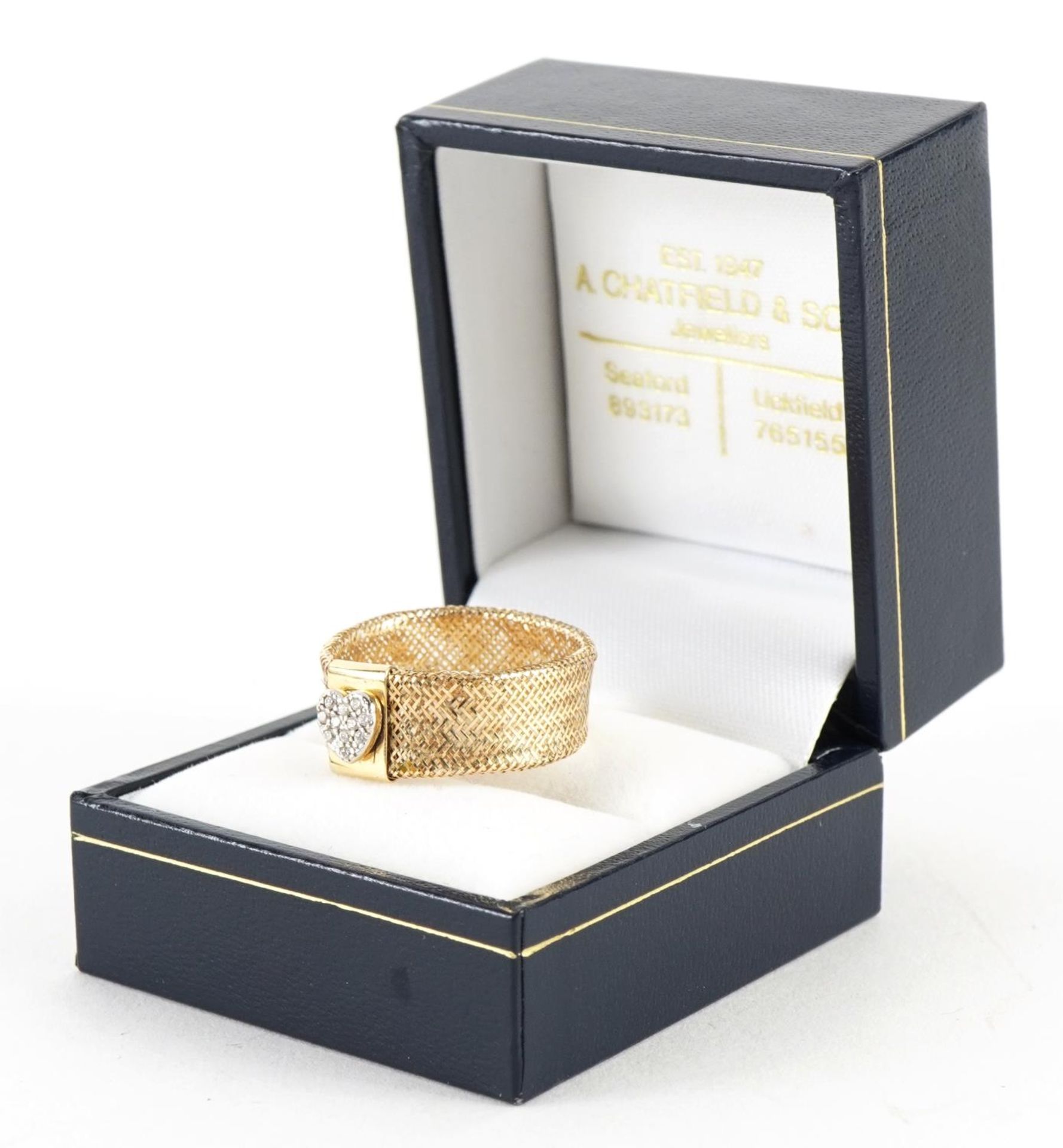 Dyadema, Italian 14ct gold mesh ring with love heart set with clear stones, size U/V, 1.4g : For - Bild 5 aus 5