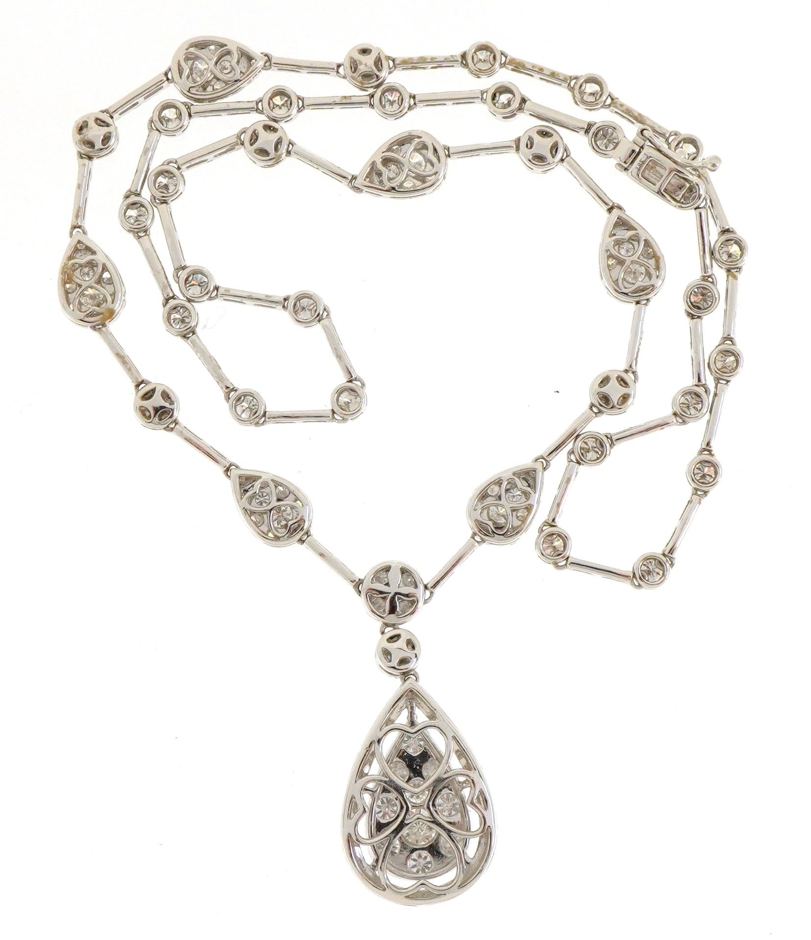 18ct white gold graduating Riviere diamond collar necklace with teardrop cluster set with three - Image 5 of 17