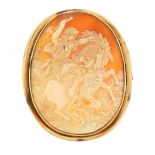 Unmarked gold mounted cameo brooch finely carved with a female on horseback and tiger, tests as