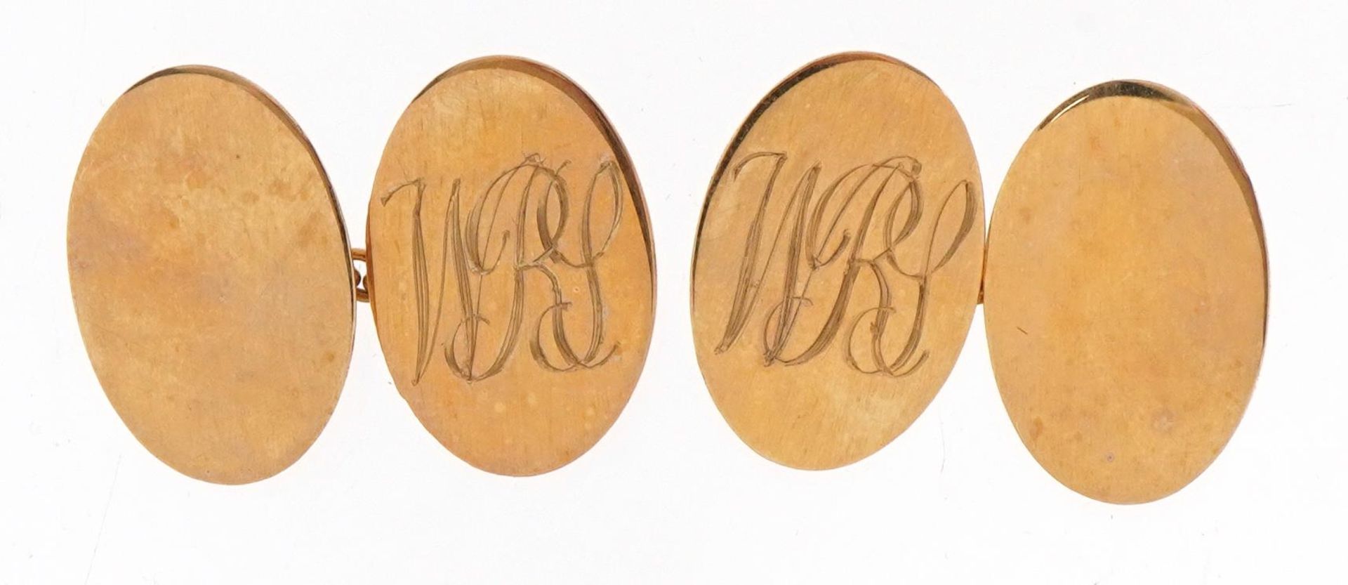 Pair of 9ct gold oval cufflinks with engraved initials, 1.8cm high, 3.8g : For further information