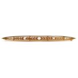 Unmarked gold leaf design bar brooch set with three seed pearls housed in a Mappin & Webb, London