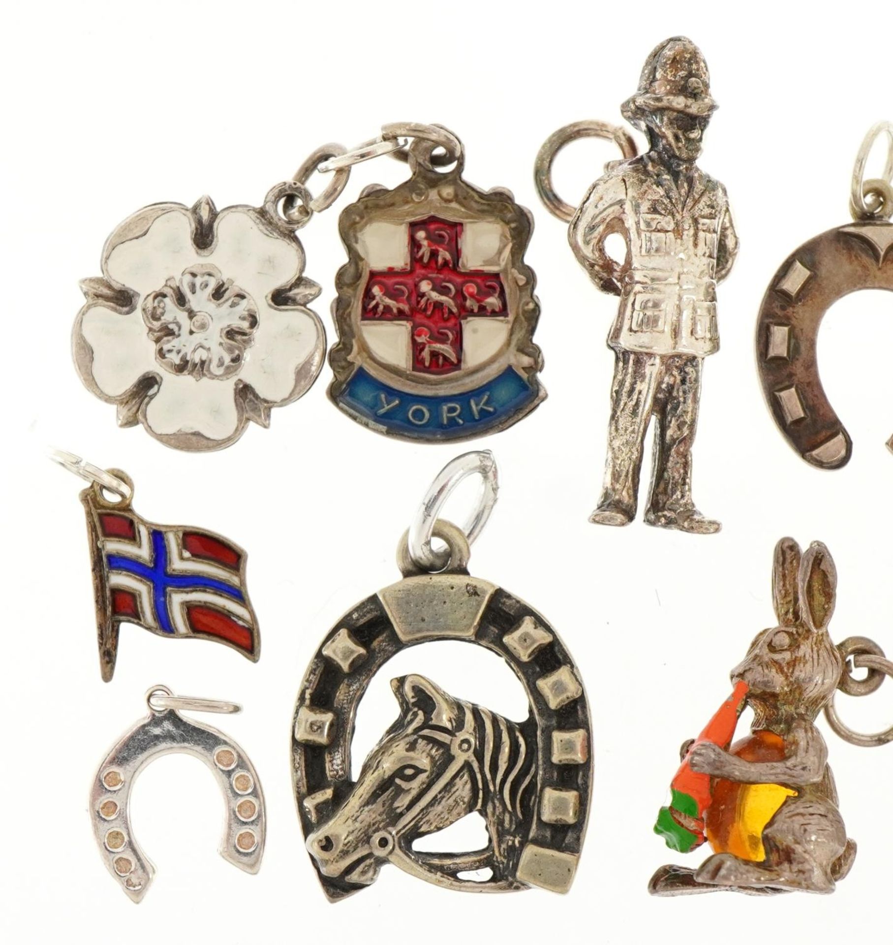 Fifteen silver charms, some enamelled, including Royal Guard in Sentry box, sardine can, dogs and - Image 3 of 7