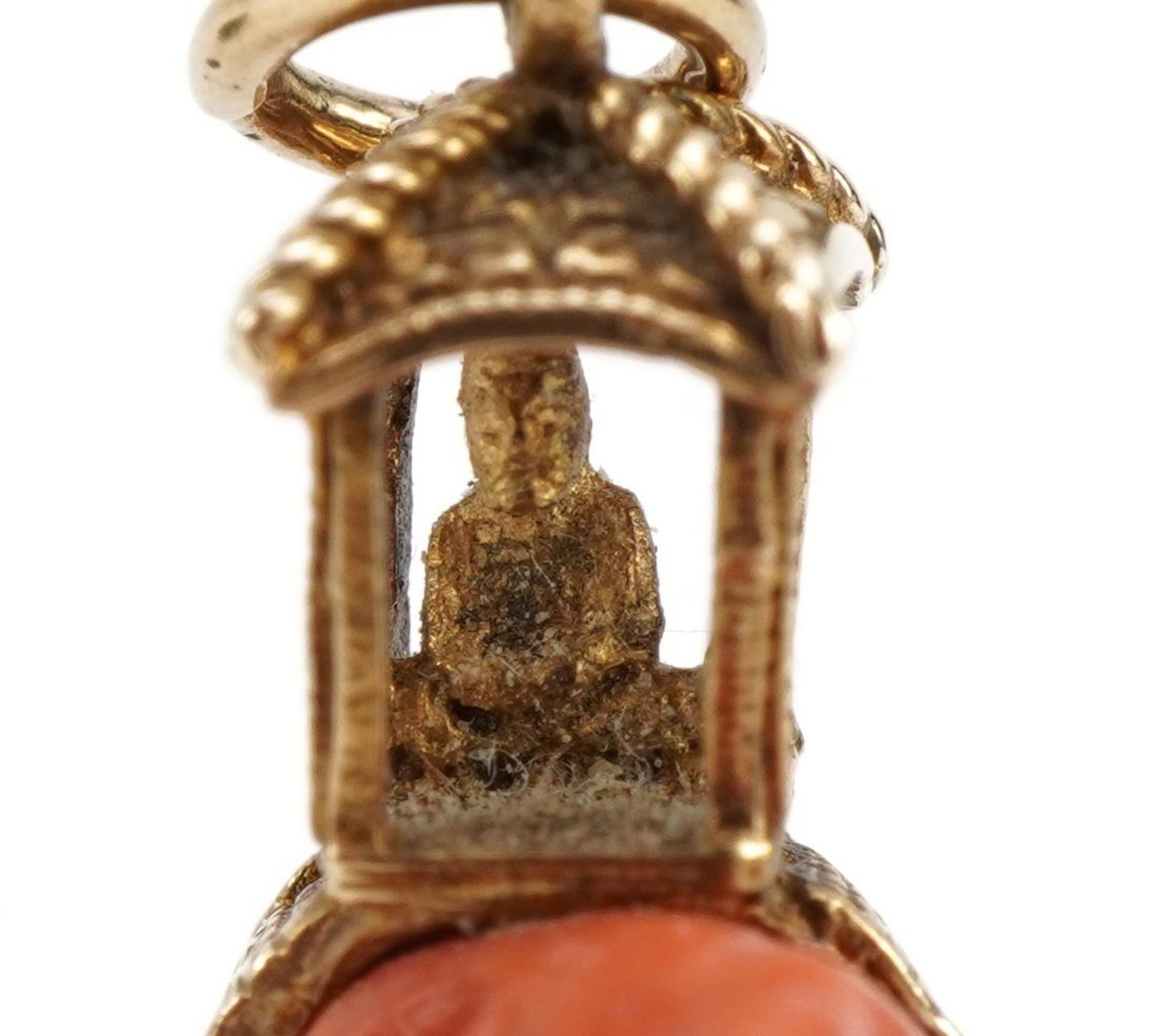 Two Chinese charms comprising carved coral elephant with 9ct gold mount and green stone cat, the - Image 4 of 4