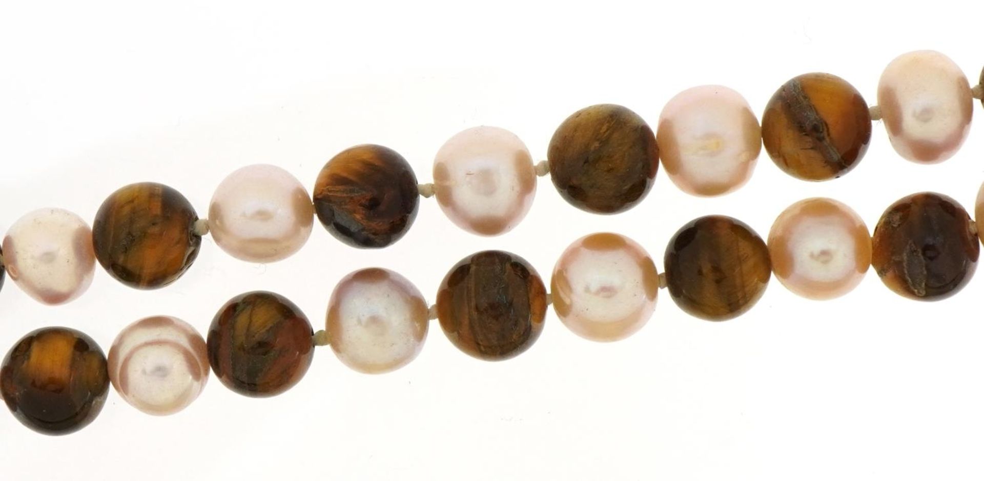 Tiger's eye and pearl bead necklace, 120cm in length, 114.1g : For further information on this lot